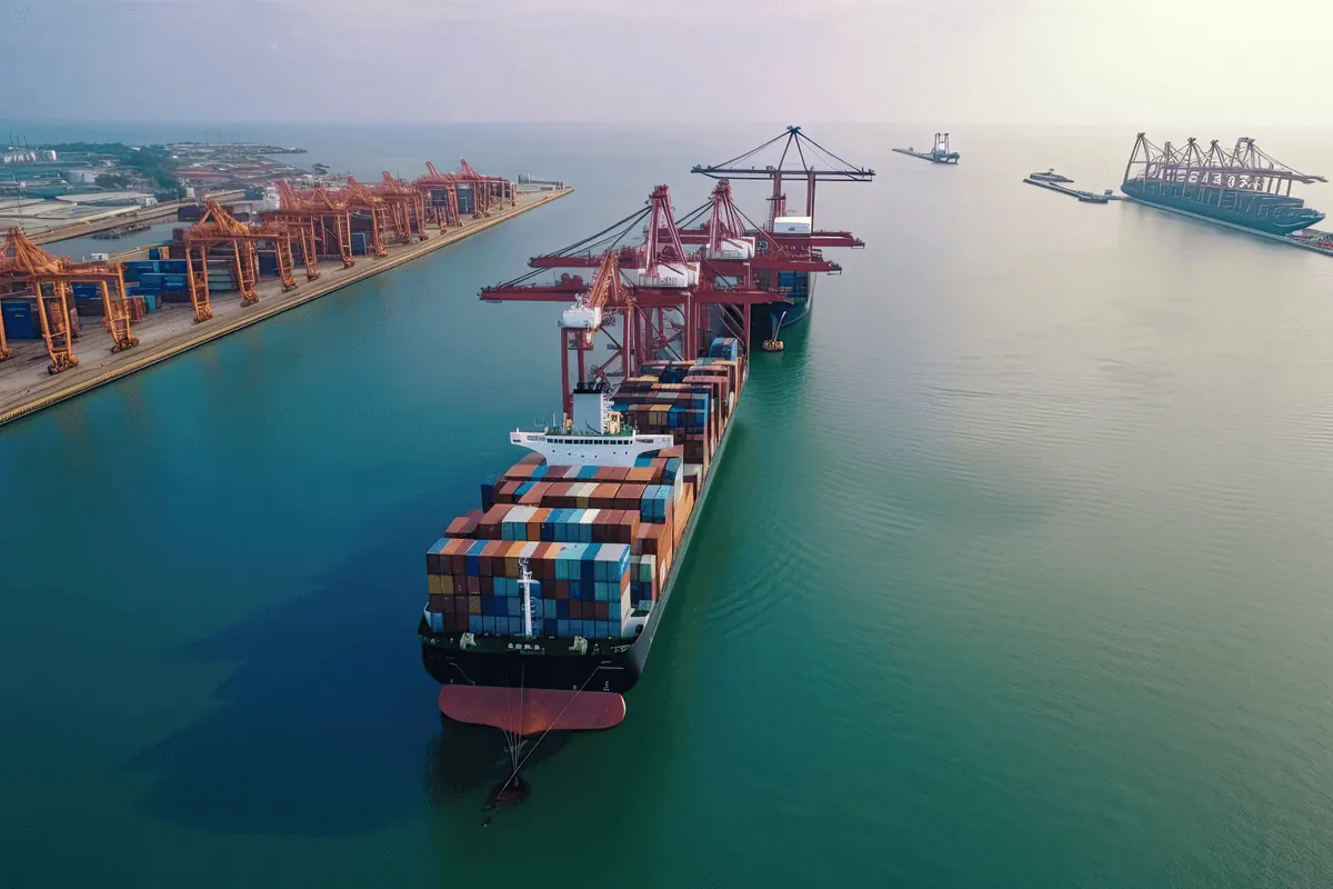 Wide view of a port with vessels alongside the quay and cranes working