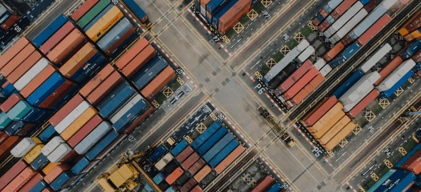Aerial view of container blocks and internal roadways in a terminal yard